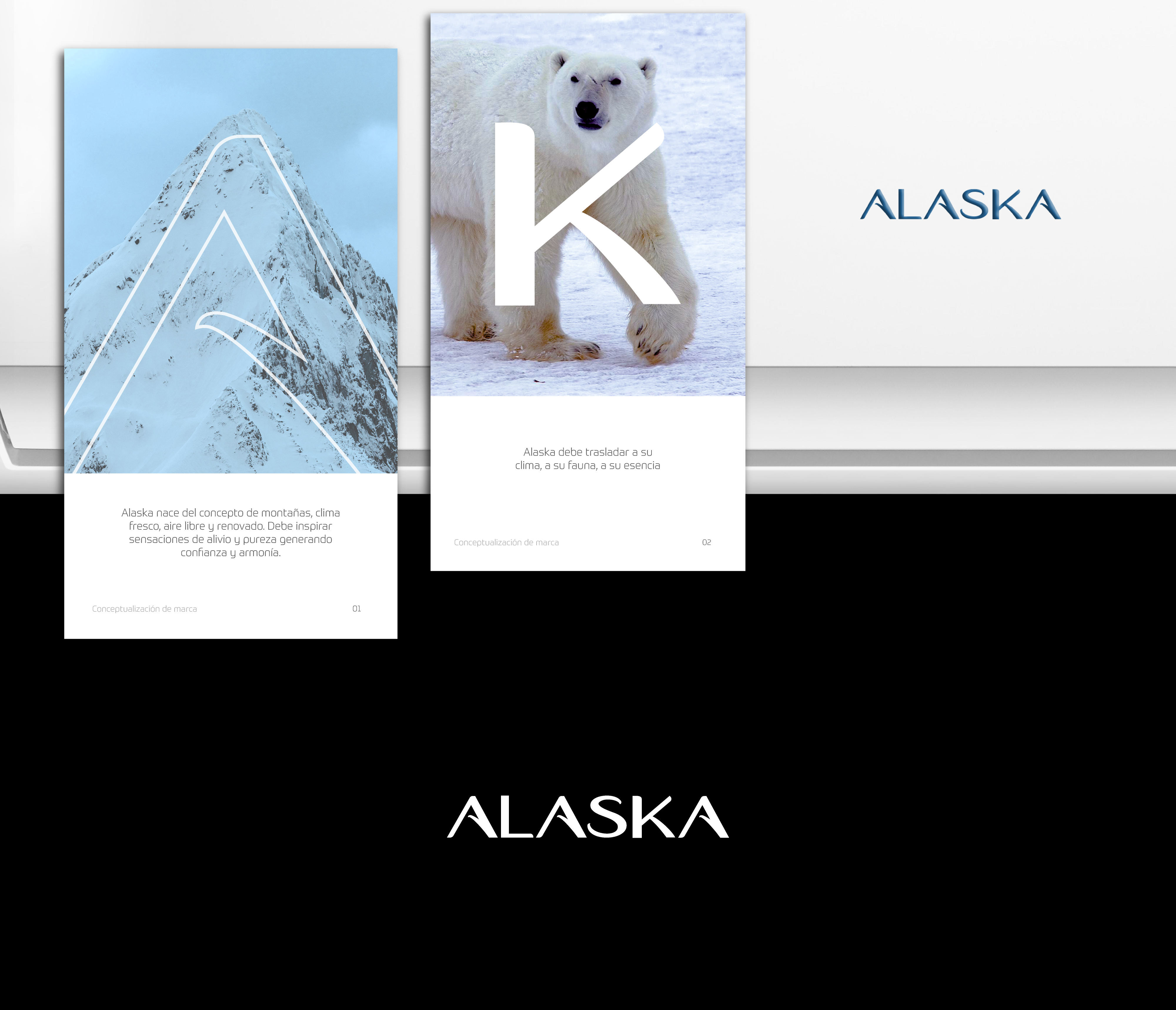 Conceptos visuales de marca Alaska con montaña nevada con la letra A y oso polar con la letra K