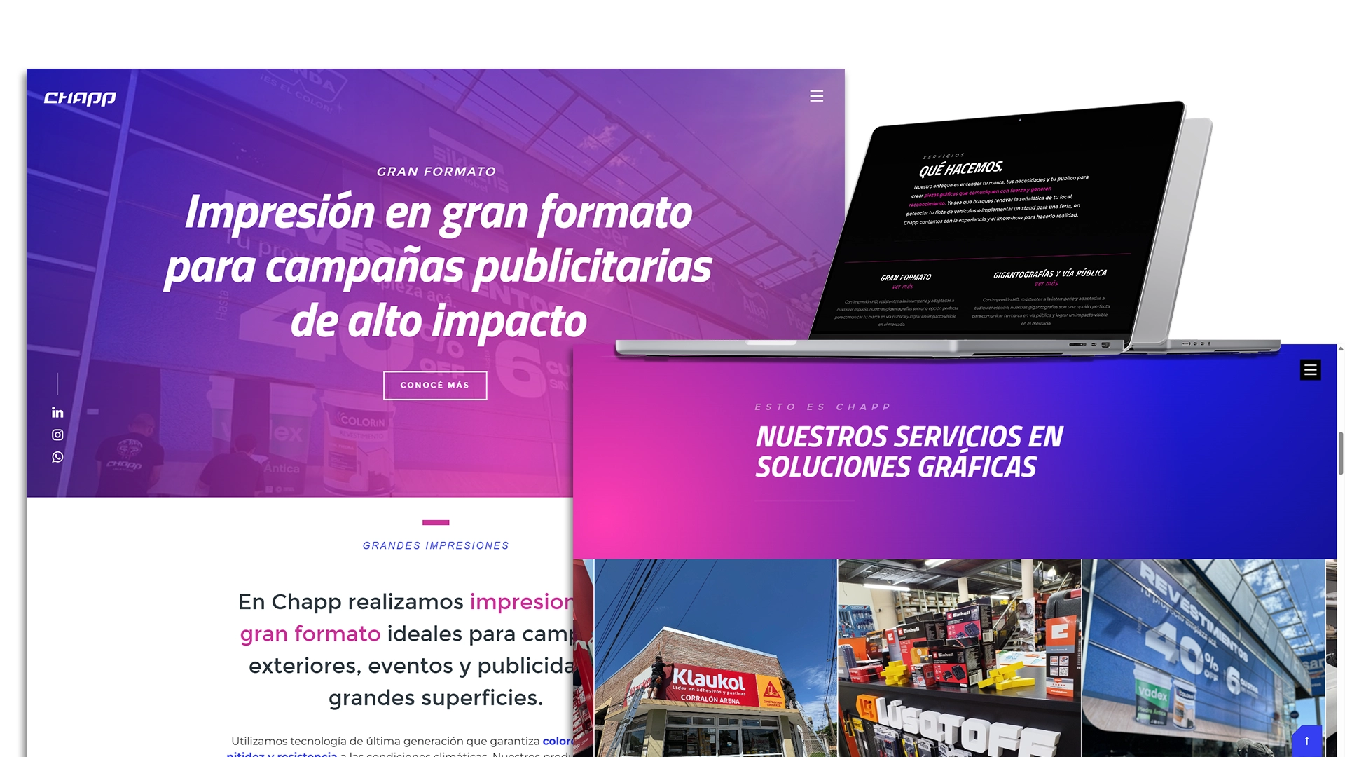 muestra paginas de la web de chapp con una laptop sobre las pantallas