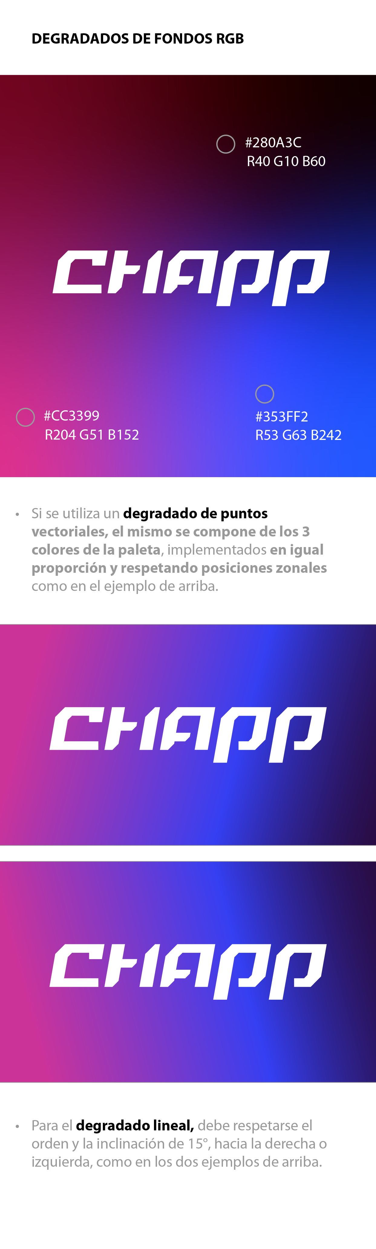 Logo Chapp blanco, sobre fondo vaporwave en RGB, con la explicación de su uso