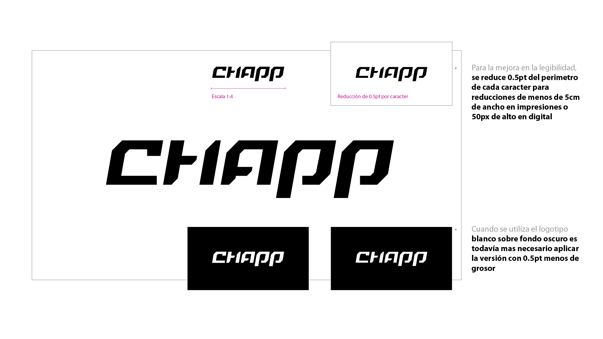 Logo negro de Chapp, sobre fondo blanco y guias para uso en reducciones
